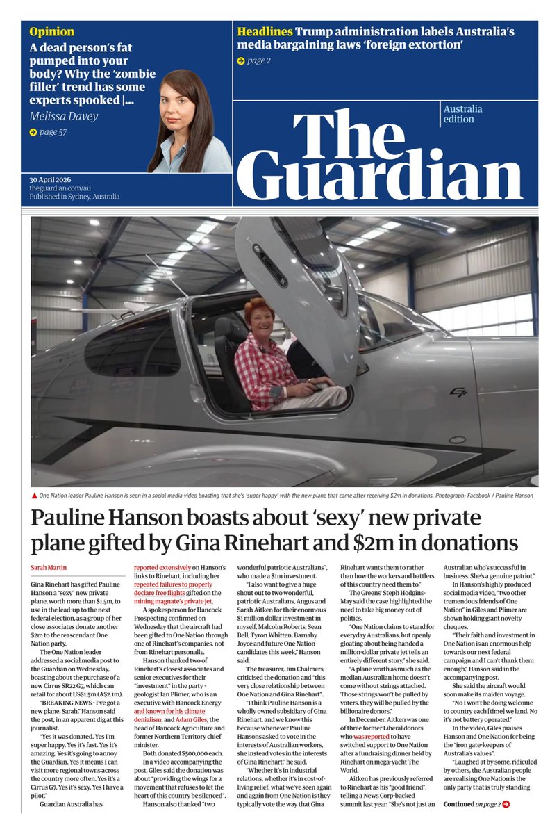 ukpapers's tweet image. ▫ Pauline Hanson boasts about ‘sexy’ new private plane gifted by Gina Rinehart and $2m in donations

▫@msmarto
▫is.gd/5Bo9rc

#GuardianAU #Digital #frontpagestoday #Australia 🇦🇺