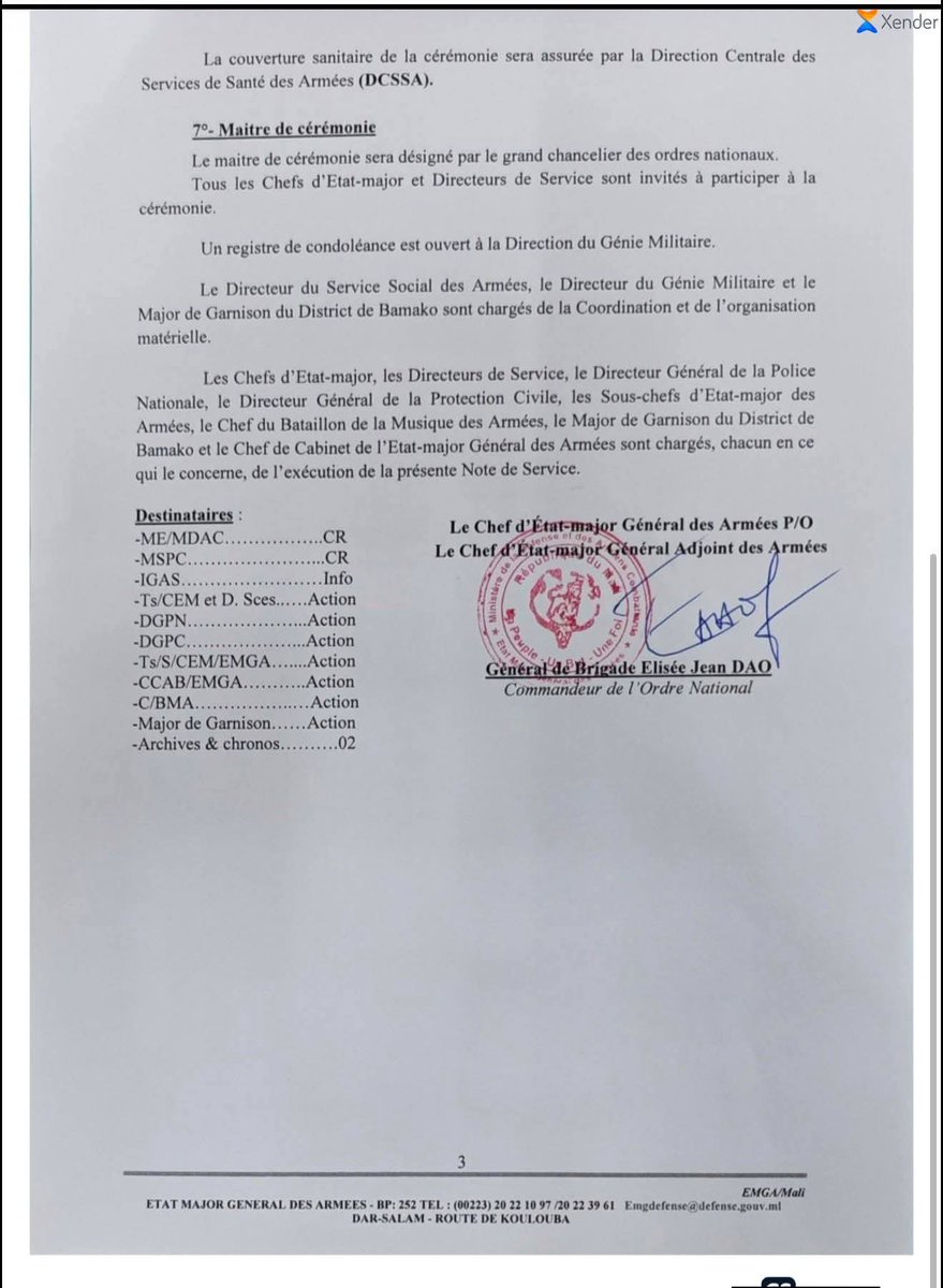 saheliens's tweet photo. 🇲🇱 OBSÈQUES du Général d'Armée Sadio Camara

Programme officiel des obsèques nationales du Général d'Armée Sadio Camara, Ministre d’État, Ministre de la Défense et des Anciens Combattants, décédé le 25 avril 2026.

Cérémonie ce prévue jeudi 30 avril 2026 à 10h00 à Bamako sous la présidence du Président Assimi Goïta.