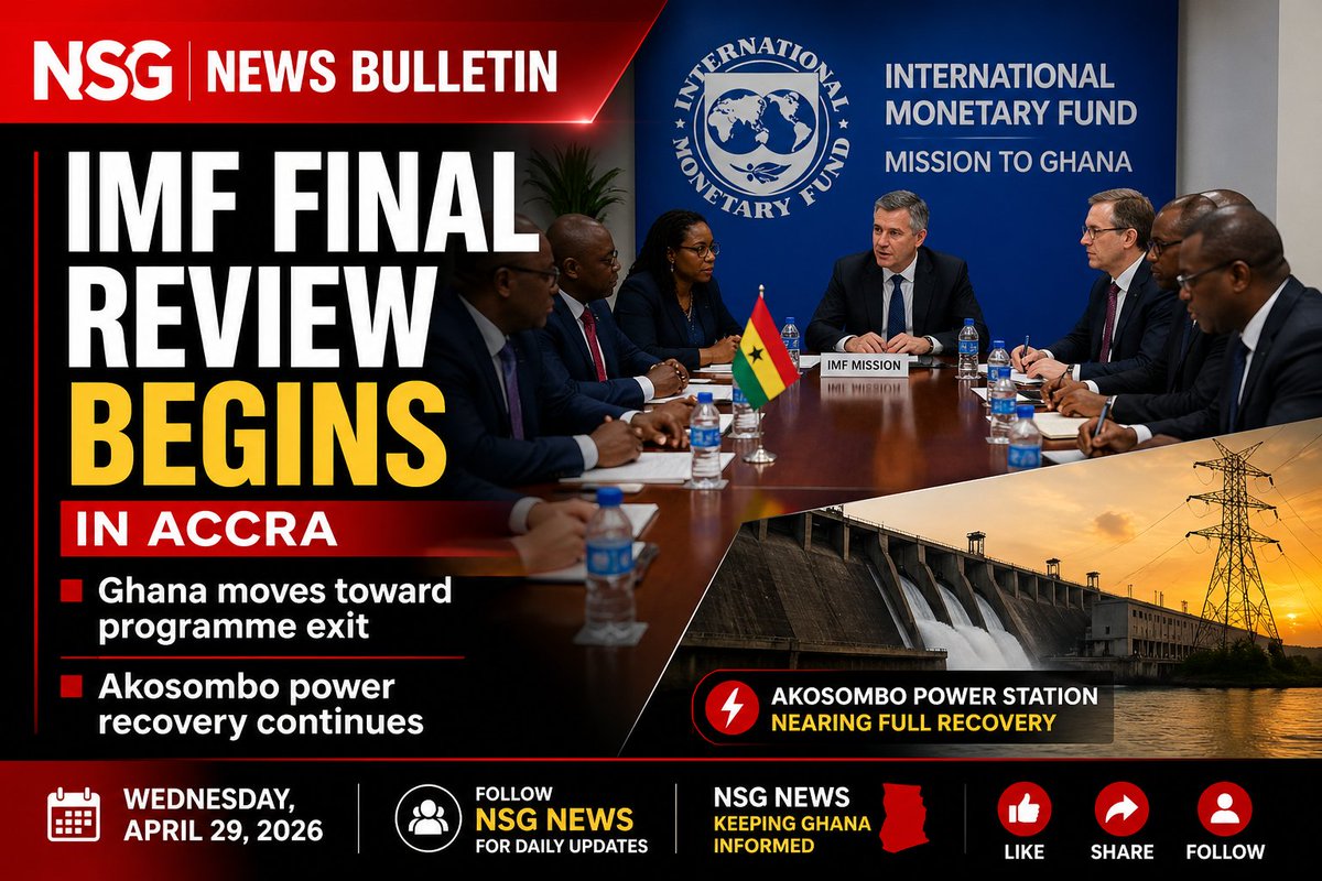 nutsegegh's tweet image. 🚨 GHANA ECONOMY &amp;amp; POWER UPDATE

IMF final review begins in Accra
Akosombo power recovery underway
Road crash claims lives in Eastern Region
🧵 Full NSG News Bulletin below
#bulletin #trending #Ghana #Africa