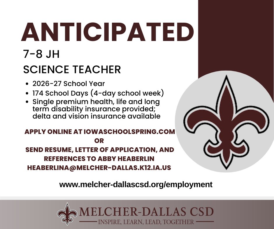 CsdDallas's tweet photo. Melcher-Dallas CSD has the following anticipated teaching opportunities available for next school year. If you are interested please reach out to Abby Heaberlin (heaberlina@melcher-dallas.k12.ia.us). Come join a great staff and community! https://t.co/PcKHUq1Tnb