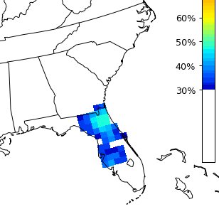 NbergWX's tweet photo. FLORIDA: Watching a decent chance of some severe storms on Saturday. Looks to me like it will favor north Florida where better instability and wind shear are present. Analogs are highlighting a solid similarity to previous events that produced severe storms.

First image: CIPS analogs show elevated probabilities, esp. north and western Florida. Remaining images are 3 of the top analogs of how similar the atmosphere was setup.

April 1, 2020
March 31, 2011
April 8, 2018

Triangles = tornadoes, blue squares severe wind gusts, green triangles severe hail. The 3/31/2011 event probably is a too significant of an analog, but the others seem fair. @fox35orlando