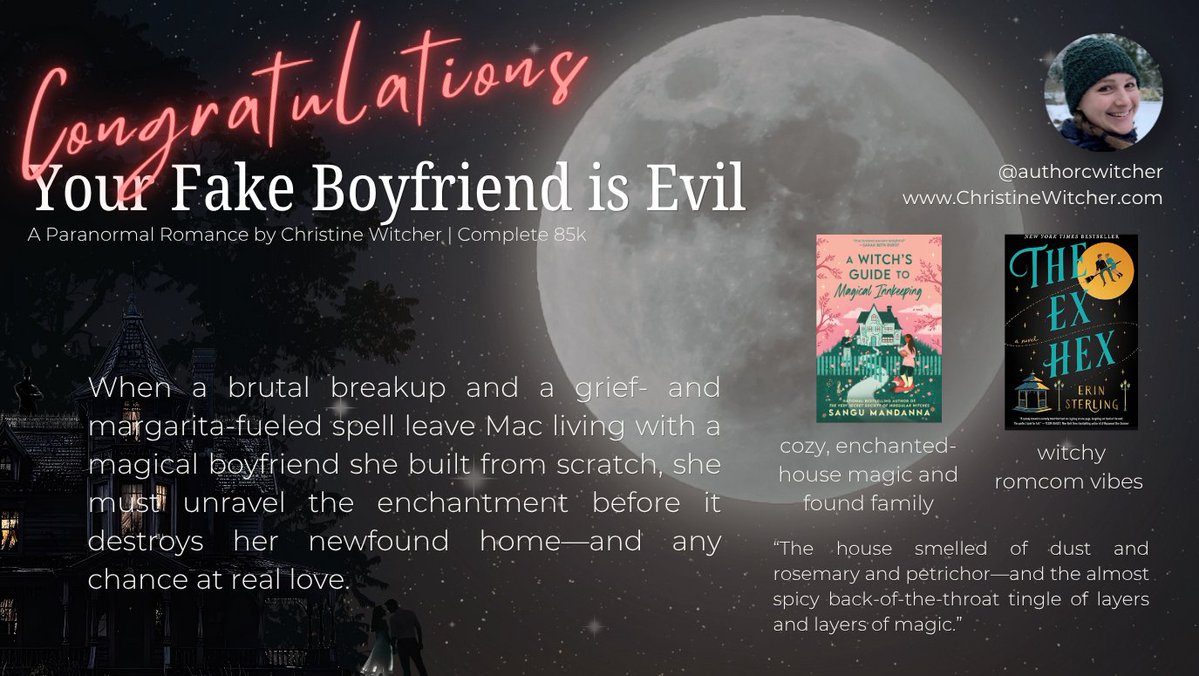 AuthorCWitcher's tweet image. ✨She's inherited her aunt's house
✨He's the local coven's broad-shouldered handyman
✨And HE's the fake boyfriend she made in a drunken haze, who needs to be GONE before any real chance at love crashes down around her
🎉 Signing w/ an agent  Friday!
#QuestPit Almost #AG #PN #R