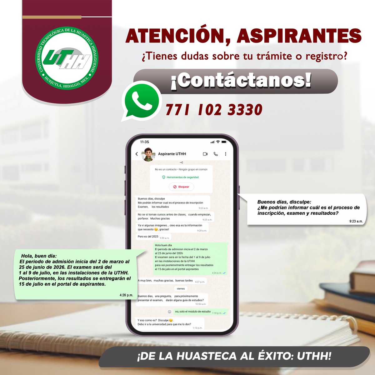 uthh96's tweet photo. 📷 Atención aspirantes UTHH
¿Tienes dudas sobre tu proceso de admisión?
Nuestro equipo está listo para ayudarte con información sobre registro, examen y resultados.
¡Estamos para apoyarte en cada paso!
#UTHH
#EducarParaTransformarTuFuturo https://t.co/E76bpI4a8x