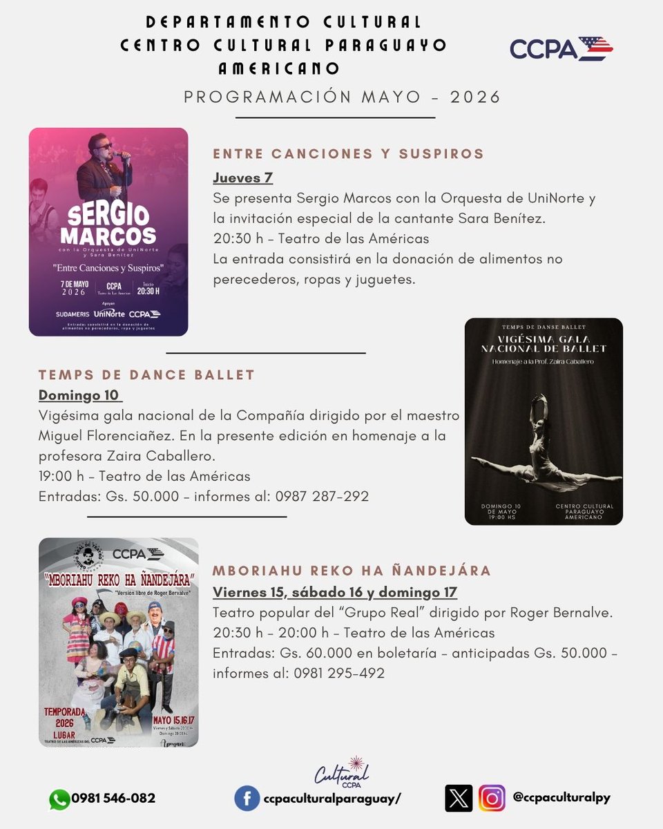 ccpaculturalpy's tweet photo. 🎭✨ Te invitamos a ser parte de un mes lleno de música, danza y teatro en el emblemático Teatro de las Américas.

¡Vení a disfrutar de lo mejor de la cultura en Asunción! https://t.co/o3xAgK9NYc