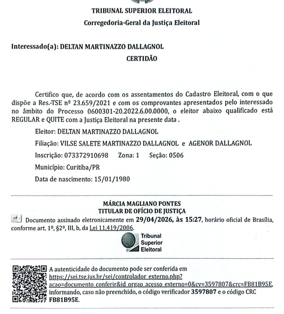 Zeca Dirceu usou certidão de que eu não estava quite com a Justiça Eleitoral como "prova" de que estaria inelegível. Perdeu na Justiça e pagou multa. 

Aqui a MESMA certidão provando que ESTOU QUITE COM A JUSTIÇA ELEITORAL. Agora, Zeca Dirceu já pode espalhar que estou elegível.