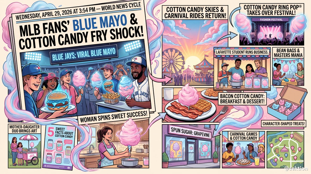 sektion's tweet photo. From blue mayo cotton candy fries to bacon-flavored fluff, America’s latest food trend looks less like dessert and more like a dare. https://t.co/OhF78VsSHq