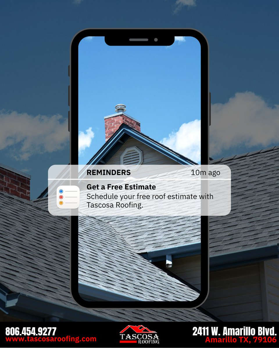 Tascosa_Roofing's tweet image. Don’t wait until a small issue turns into a big repair.

Schedule your free roof estimate with Tascosa Roofing today 👇
📞 806-454-9277
🔗 bit.ly/TascosaRoofing…

#TascosaRoofing #AmarilloTX #RoofingExperts #FreeEstimate