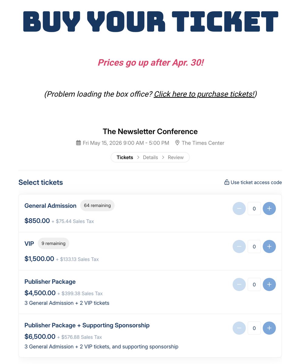 ryansager's tweet photo. Tickets for @NewsletterConf (May 15 in NYC!) down to:

🎟 GA: 64
🏆 VIP: 9

Get 'em while you can! https://t.co/JT6XIB5yPS https://t.co/5HBR58UyyA