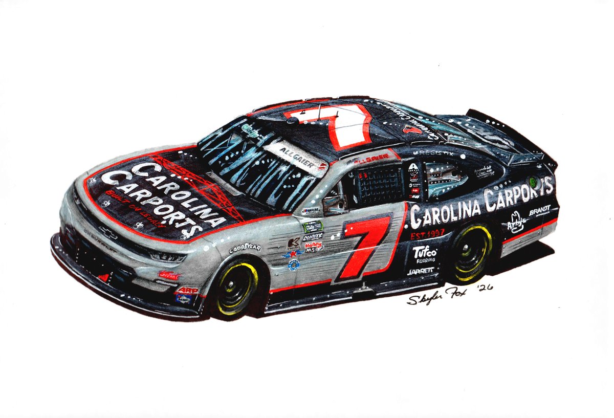 SkylerCurtisFox's tweet photo. In honor of @sambassartist, I replicated his original concept art for Dale Earnhardt's Goodwrench paint scheme. I replaced the 3 car with it with its modern counterpart, @J_Allgaier's 2026 Carolina Carports @JRMotorsports #7 Chevrolet. https://t.co/gDwyvDgVcj