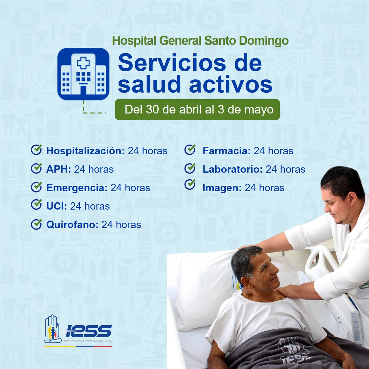 IESSStodomingo's tweet photo. Durante el feriado, el🏥Hospital General del
@IESSStodomingo mantiene activos sus servicios para garantizar atención a los asegurados👨‍⚕️👩‍⚕️

Las citas programadas para jueves y viernes serán reagendadas.

Reafirmamos el compromiso con el bienestar y la salud 🔽 https://t.co/1RapH1VQOu