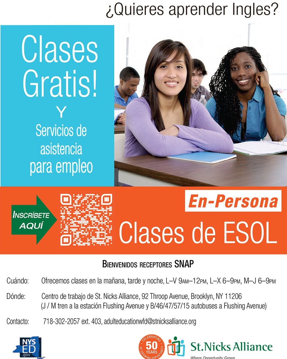 stnicksalliance's tweet image. #FREE classes to learn English plus job placement assistance! 📚✏

🗓Registration is open for our weekday evening classes!
📝 Sign up at stnicksalliance.org/sign-up-adult-… and select ESOL
📍92 Throop Avenue, Brooklyn

#brooklyn #adulteducation #ESOLClasses #EnglishClasses