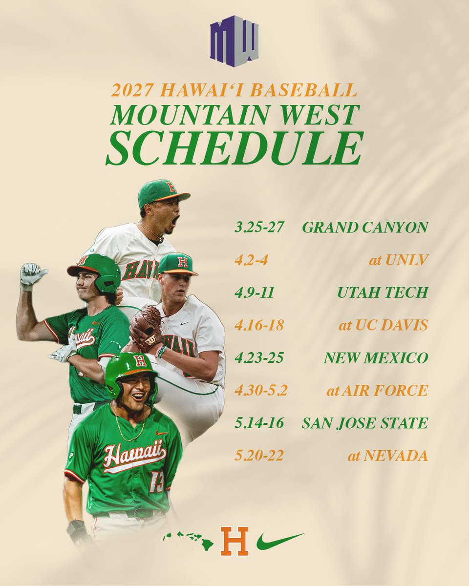 HawaiiBaseball's tweet image. Next year, new era. 

Our conference schedule for our inaugural year in the Mountain West in 2027 is set.

#GoBows