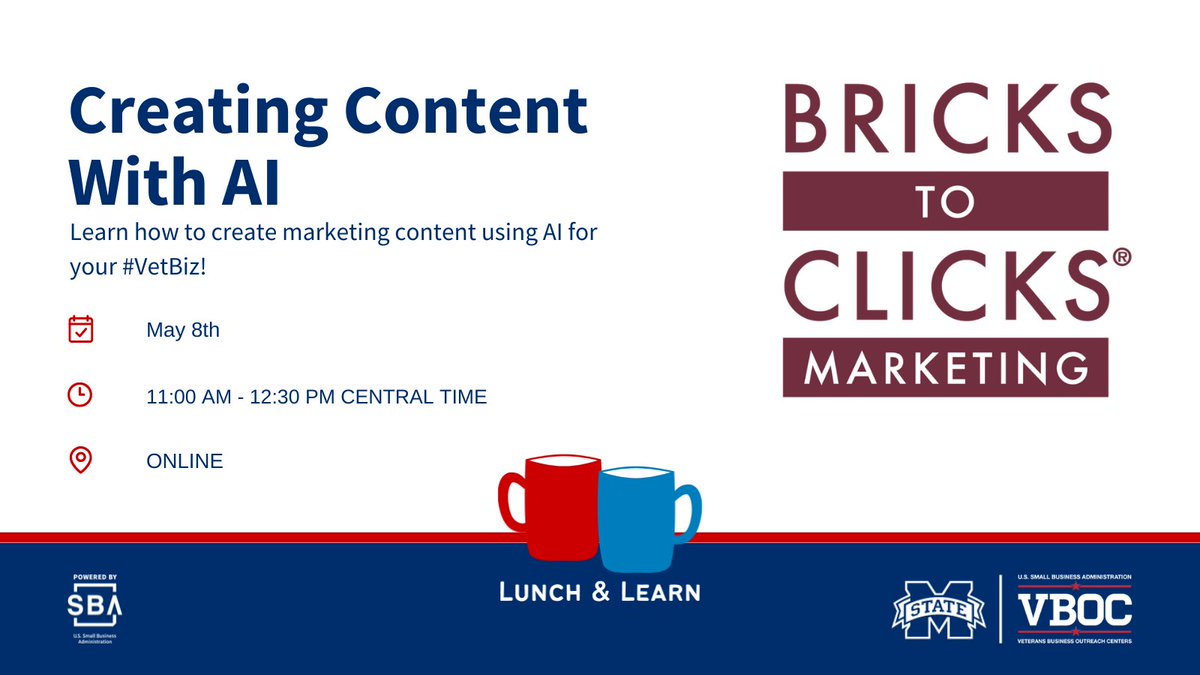 B2BRR's tweet photo. Friday May 8th, learn how to utilize AI to master your business social media presence!

Register here: https://t.co/dwY7gO5KMx

#NationalSmallBusinessWeek2026 #NSBW26 #veteran #veteranownedbusiness #vetrepreneur #milspouse #milspouseowned #SBA #VBOC #VBOCatMSU #B2B #B2BRR https://t.co/G4NEE77kh0
