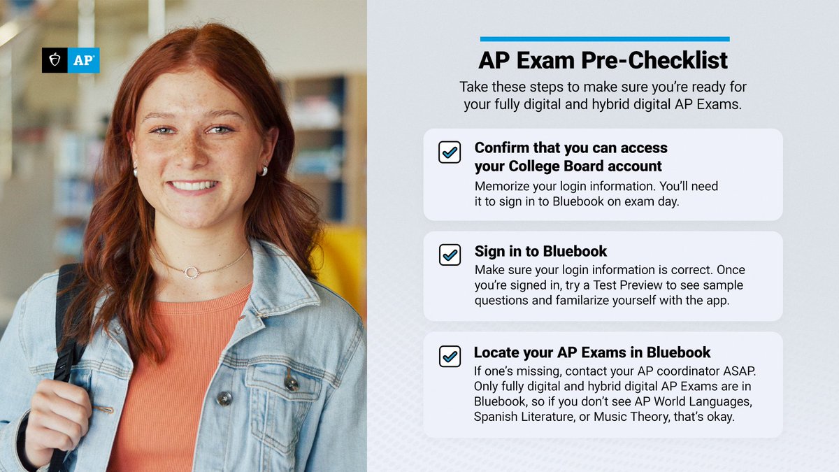 CollegeBoard's tweet photo. 💻 2026 #APExams start May 4. If you're taking a digital AP Exam, please ensure you can locate it in Bluebook ahead of test day.

👉 What to Bring on AP Exam Day: https://t.co/ujArey4gZr https://t.co/5FhT1Q31da