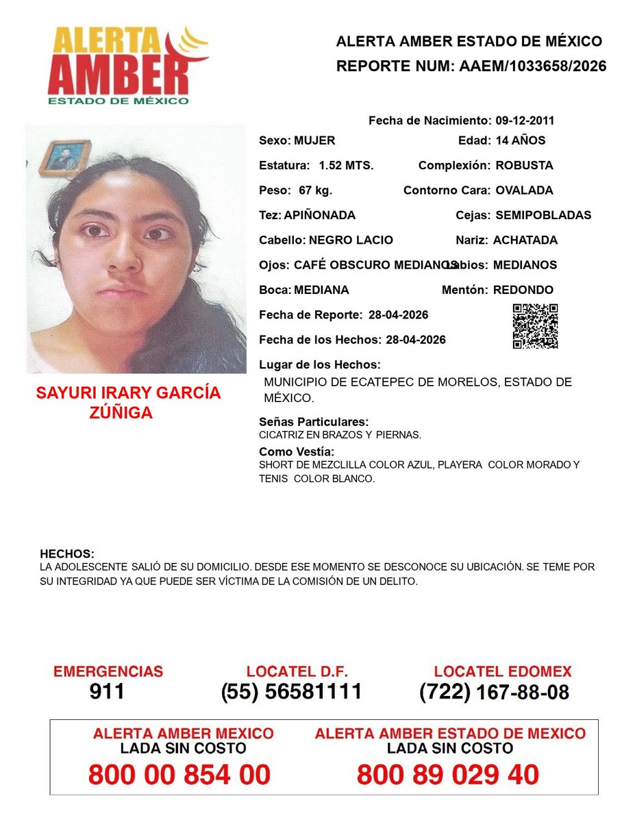 📍Tu apoyo es importante, ayúdanos a difundir, cualquier información para localizar a la siguiente persona comunícate al 📞 800 890 2940 Alerta Amber EDOMEX y ☎️ 800 7028 770 #FiscalíaEdoméx.