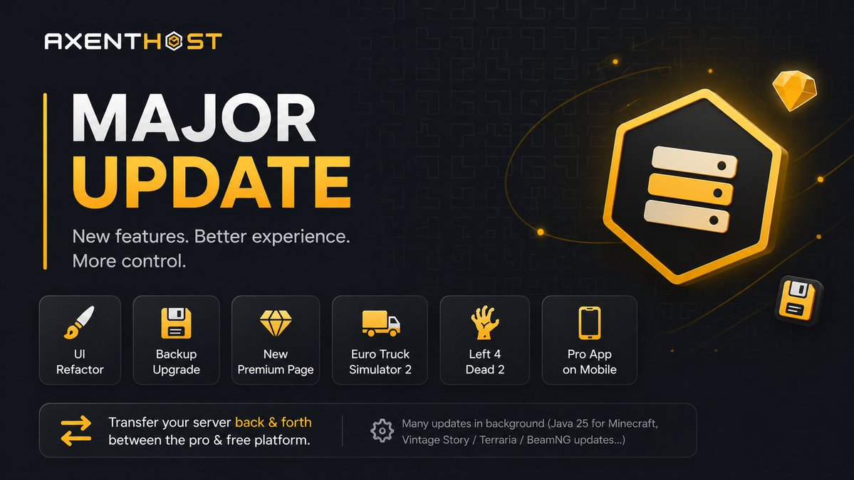 🚀 AxentHost Update

• UI refactor (Console, Files &amp; more)
• Backup upgrade + pin backups
• New Premium page
• Added: Left 4 Dead 2 &amp; Euro Truck Simulator 2
• 📱 Pro app now on iOS &amp; Android
Lots of behind-the-scenes improvements

Learn more on discord.axenthost.com