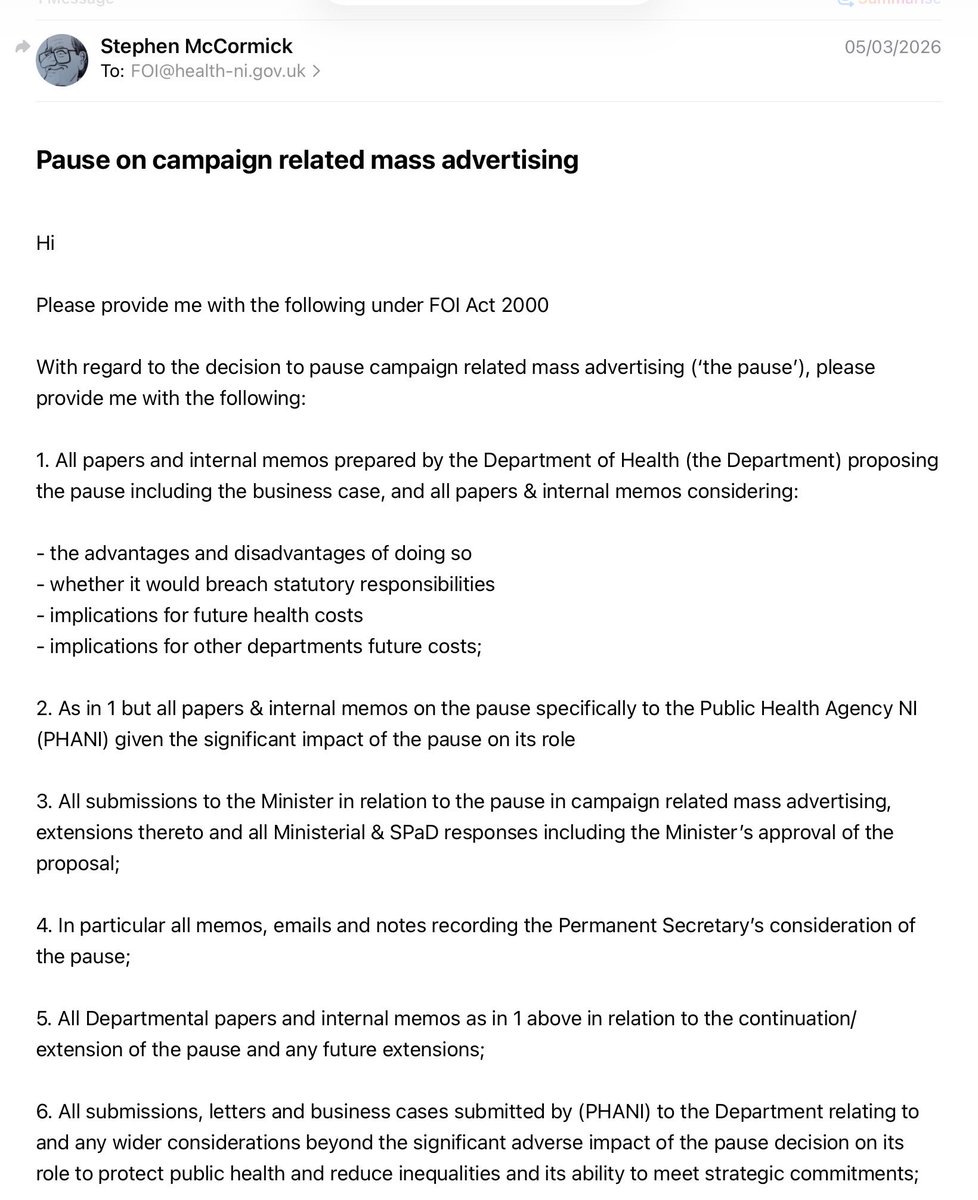 SJA_McC's tweet image. On 5/3, I issued a FOI request👇to @healthdpt seeking info on basis of harmful decision of Minister to ban @publichealthni spending funds on media awareness campaigns year after year against view of PYA experts &amp;amp; his CMO

Still waiting ⏰ 

Lots to hide?🤔
x.com/sja_mcc/status…