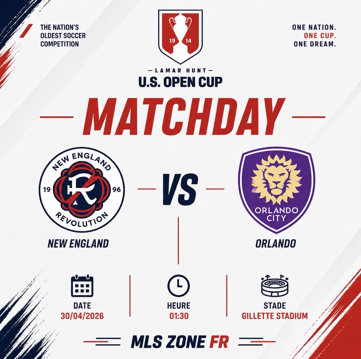 Mlszonefr's tweet photo. 🏆 US Open Cup | Round of 16
New England Revolution ⚓ vs Orlando City SC 🦁
📅 30 avril • ⏰ 01h30
📍 Gillette Stadium
La Rev’ à domicile pour une place en quarts 🔥
#USOpenCup #NERevolution #OrlandoCity #MLS https://t.co/qaPHe8jLTT
