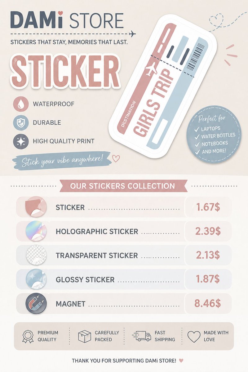 dami_store's tweet image. Aesthetic Girls Trip Boarding Pass Sticker - Travel Gift Idea.
Elevate your travel gear with this aesthetic Girls Trip boarding pass sticker! Designed with a trendy pastel palette, it's the perfect addition to your girls trip goodie bags and travel gift ideas. #sticker #stickers