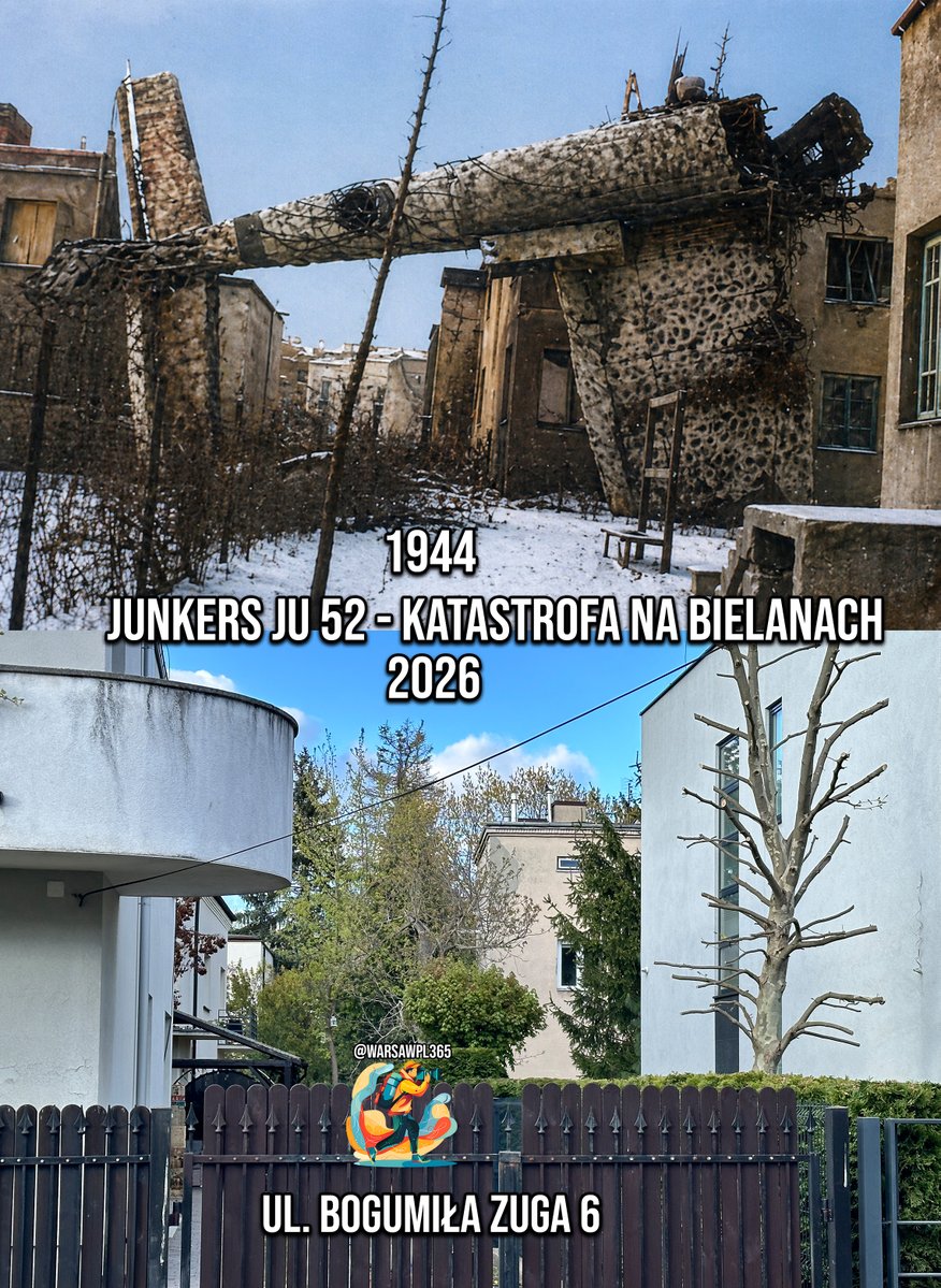 February 1944 was far colder than most winters today, and the corner of Zuga and Lubomielska streets looked very different from the modern landscape. A German Junkers Ju 52 transport aircraft, attempting to land at the nearby Bielany airfield after departing from the Bielany