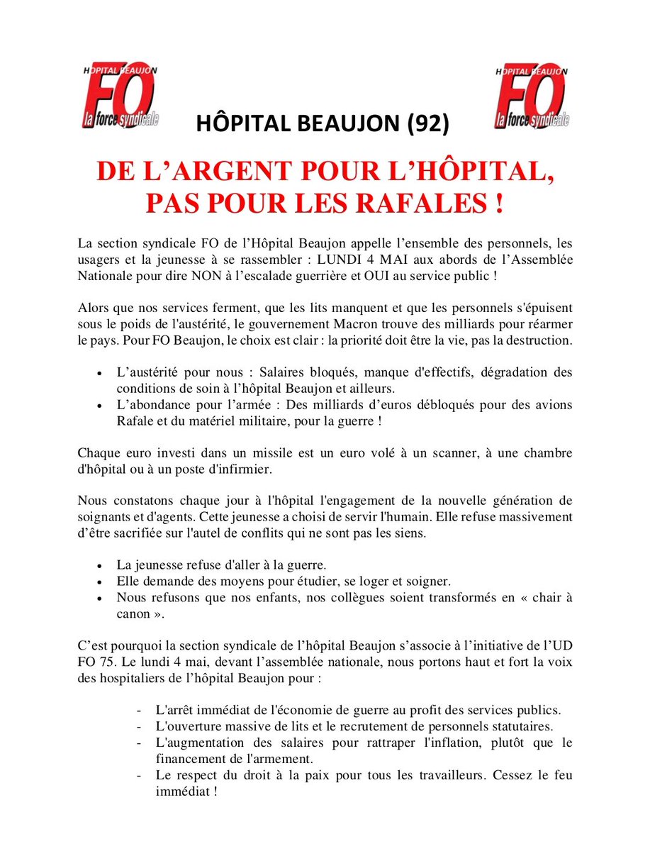 FnecFpFO's tweet photo. Les hospitaliers de #Beaujon (92) seront présents lundi 4 mai devant l'assemblée nationale :
De l'argent pour l'hôpital, pas pour les rafales !
#LPM https://t.co/SjUYnFQond