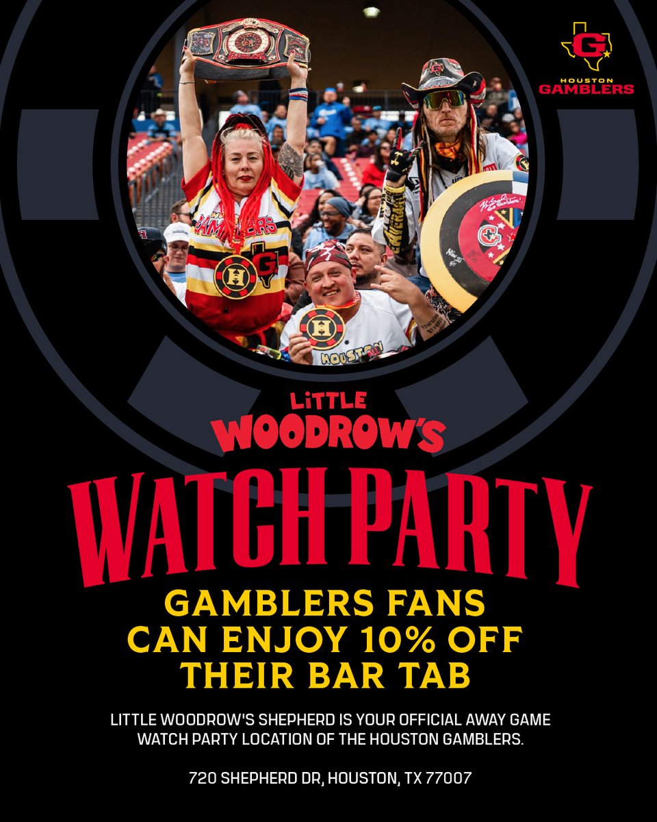 UFLGamblers's tweet photo. Houston, you know the move 😤
ㅤ
Pull up Friday at 7PM CT to the Official Houston Gamblers Watch Party at Little Woodrow’s Shepherd and get 10% off your tab 🍻 https://t.co/vbQs8hjrlQ