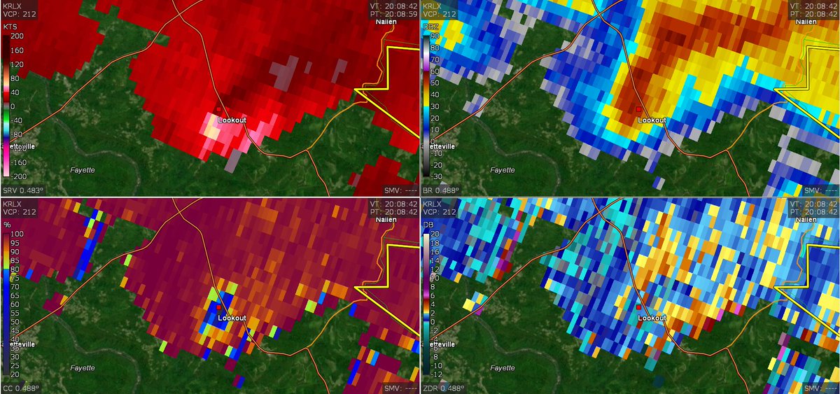 Oh man...likely tornado impacting the community of Lookout, West Virginia in Fayette County right now! Very pronounced tornadic debris signature and strong velocity couplet on the KRLX radar!