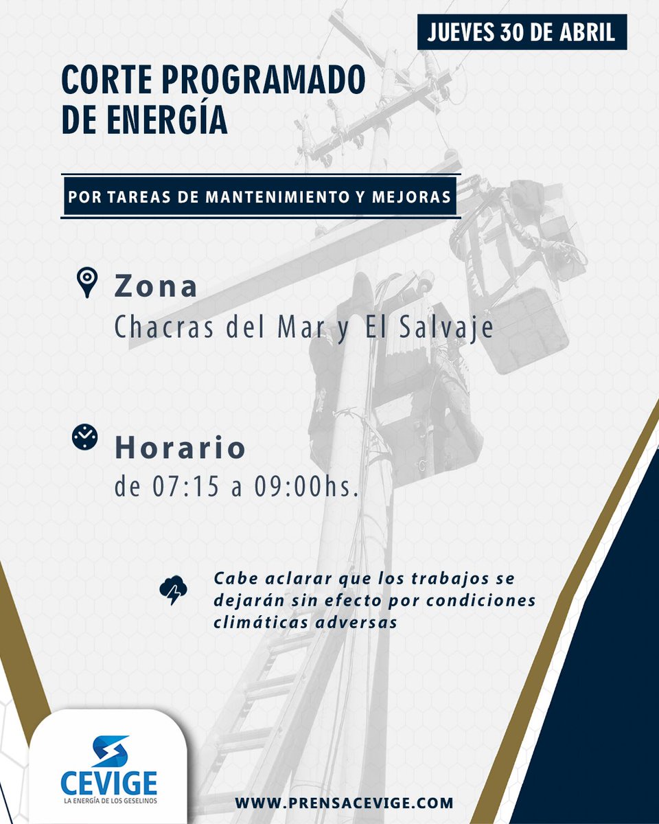 Corte programado para el 30/04/2026 💡🔧🔩

#Corteprogramado #Cevige #Electricidad #Mantenimiento #Energía