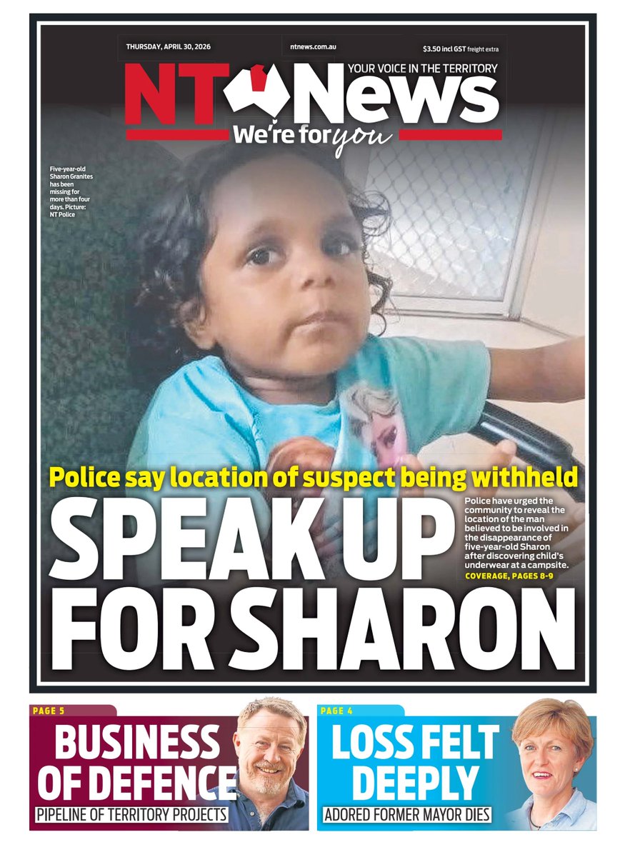 ukpapers's tweet photo. ▫ Speak up for Sharon

▫Police uncover child’s underwear at crime scene in search for Sharon
▫@CamdenSmith1 @gera_kazakov @ZiziAverill @thomasjmcleann, Gary Shipway &amp; Nathaniel Chambers
▫https://t.co/l631PQjU5f

@TheNTNews #frontpagestoday #Australia 🇦🇺 https://t.co/dipYJFdqgJ