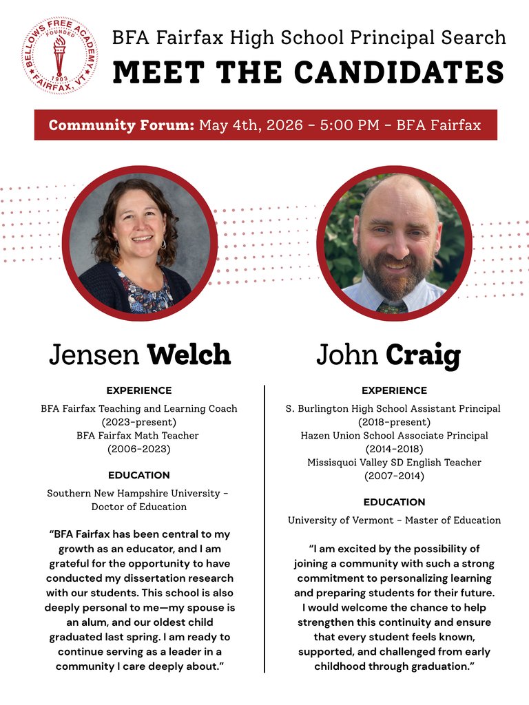 FWSU's tweet photo. 📣  Fairfax Community Forum Announcement 📣
Join us on Monday, May 4th, for a Community Forum to meet and hear from the final candidates in the BFA Fairfax High School Principal search. The forum will begin at 5:00 PM -- hope to see you there! https://t.co/li2w53m5V5
