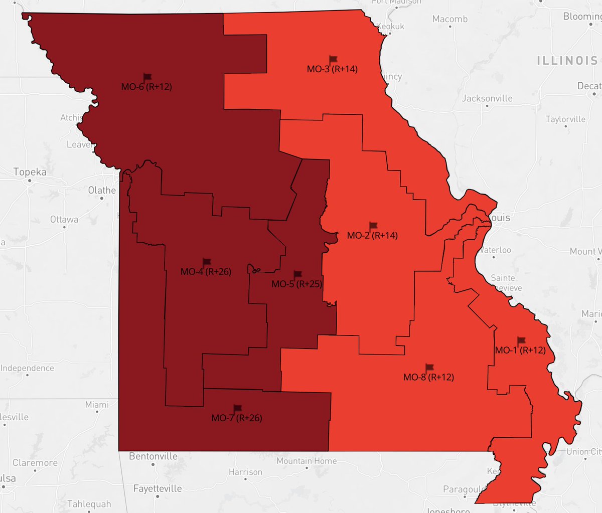 You can easily draw an 8-0 congressional map in Missouri where every district voted for Trump by at least 12 points.

Republicans don't have to just settle for dismantling the Kansas City district. They can destroy the St. Louis one as well. 

With Callais no longer ensuring that