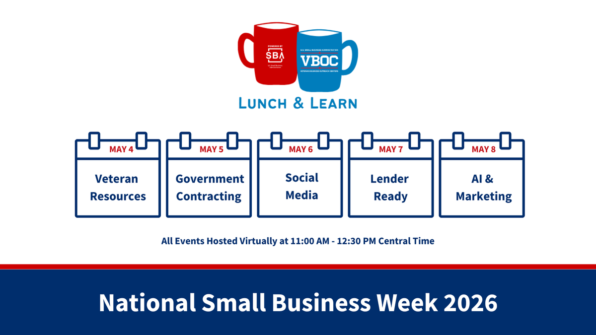 B2BRR's tweet photo. #NationalSmallBusinessWeek2026 is May 4 – May 8!

If you are interested in starting or growing your #VetBiz come join us at the VIRTUAL Lunch &amp; Learn series the #VBOCatMSU will be hosting!

Register here: https://t.co/EWFj5a2us1

#NSBW26 #veteran #milspouse #SBA #VBOC #B2B #B2BRR https://t.co/1XBKa8wLmc