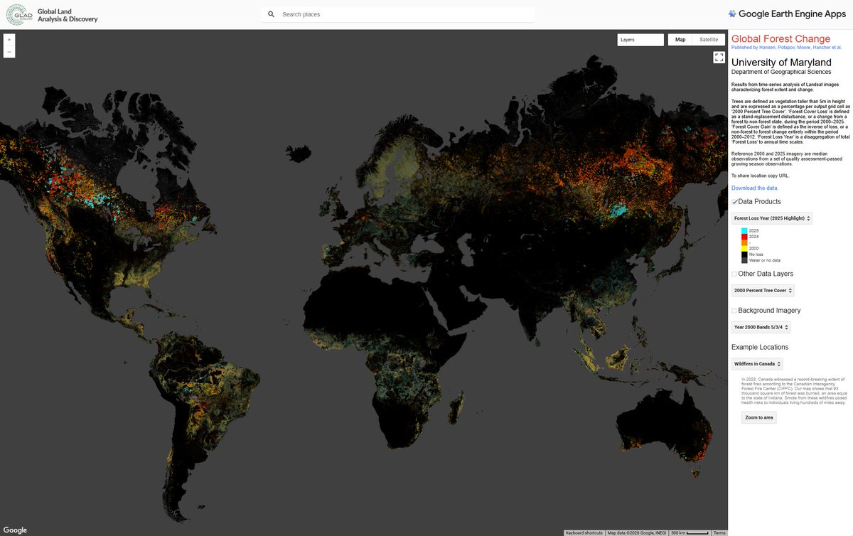 UMD_GLAD's tweet image. 🌍 The 2025 Global Tree Cover Loss #Map update from @UMD_GLAD and @globalforests is out!

Explore the latest tree cover loss #data:
🌲 Forest Loss: glad.earthengine.app/view/global-fo…
🔥 Forest Loss due to Fire: glad.earthengine.app/view/global-fo…
#TreeCoverLoss #GlobalForestWatch @umdgeography