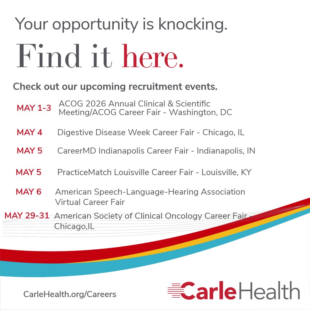 CarleHealth's tweet photo. Thinking about your next career move?
Join us at an upcoming Provider Recruitment Event to connect with our teams and explore open opportunities. We’d love to meet you🫶 https://t.co/HNdrRO3pAY