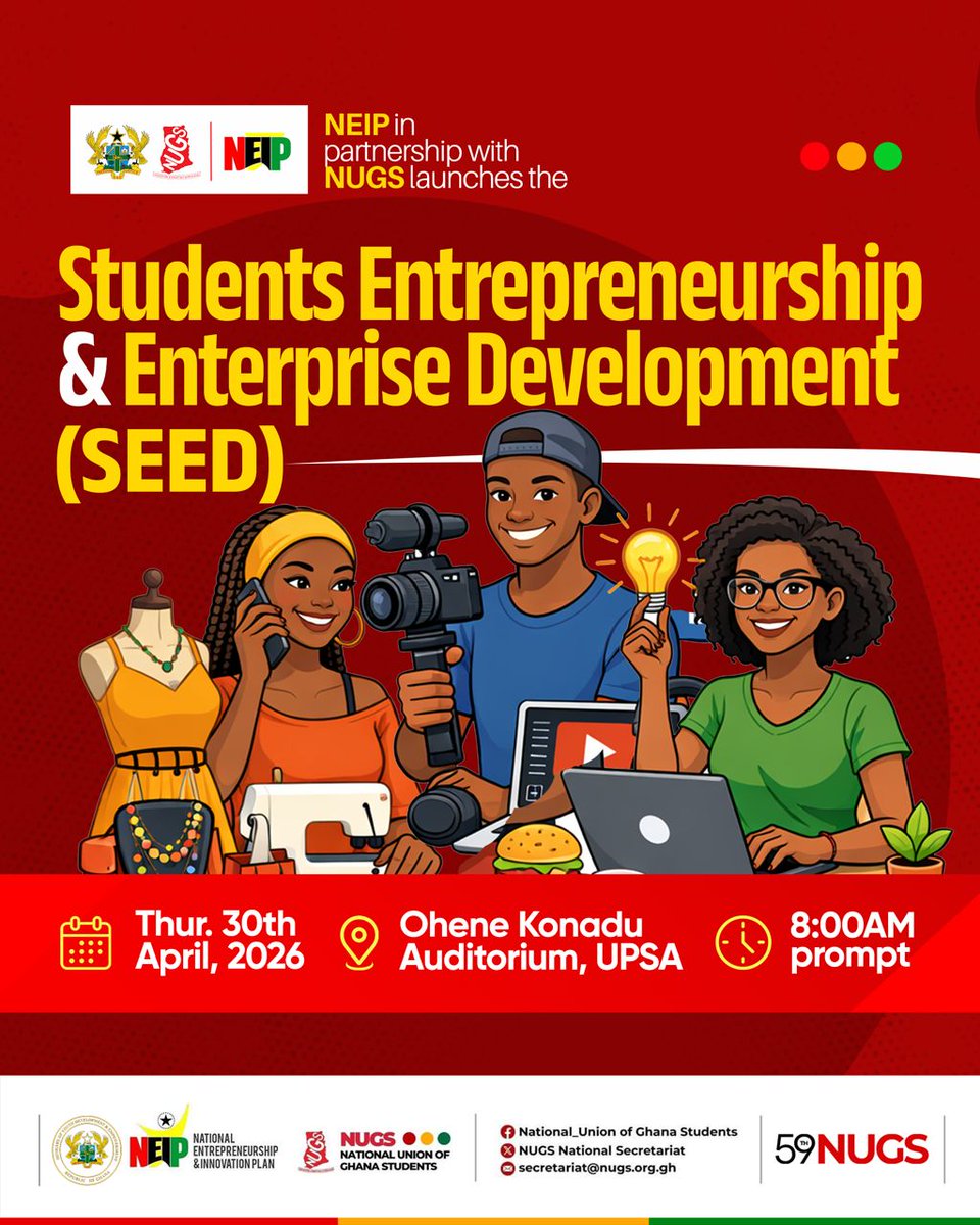 _Manny18's tweet image. Big news! 🚀
The SEED Programme launches this Thursday at UPSA! A partnership between NEIP and NUGS, SEED will train 10,000 students annually, providing mentorship, funding, and grants to turn student startups into job creators. 🇬🇭💯
#SEED #Entrepreneurship #Ghana #NEIP #NUGS