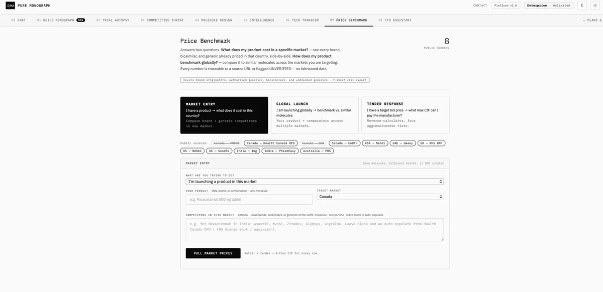 __kayhan's tweet photo. We just shipped Price Benchmark.
No more guessing what your molecule should cost in Canada vs India vs UAE.
Real public data from 8+ countries. Traceable to source. Instant retail + tender + 4-tier CIF.
Market entry, global launch, tender response — all in one module.
Example: Paracetamol 500mg in Canada.
https://t.co/WF1ey93IuS
@PureMonograph