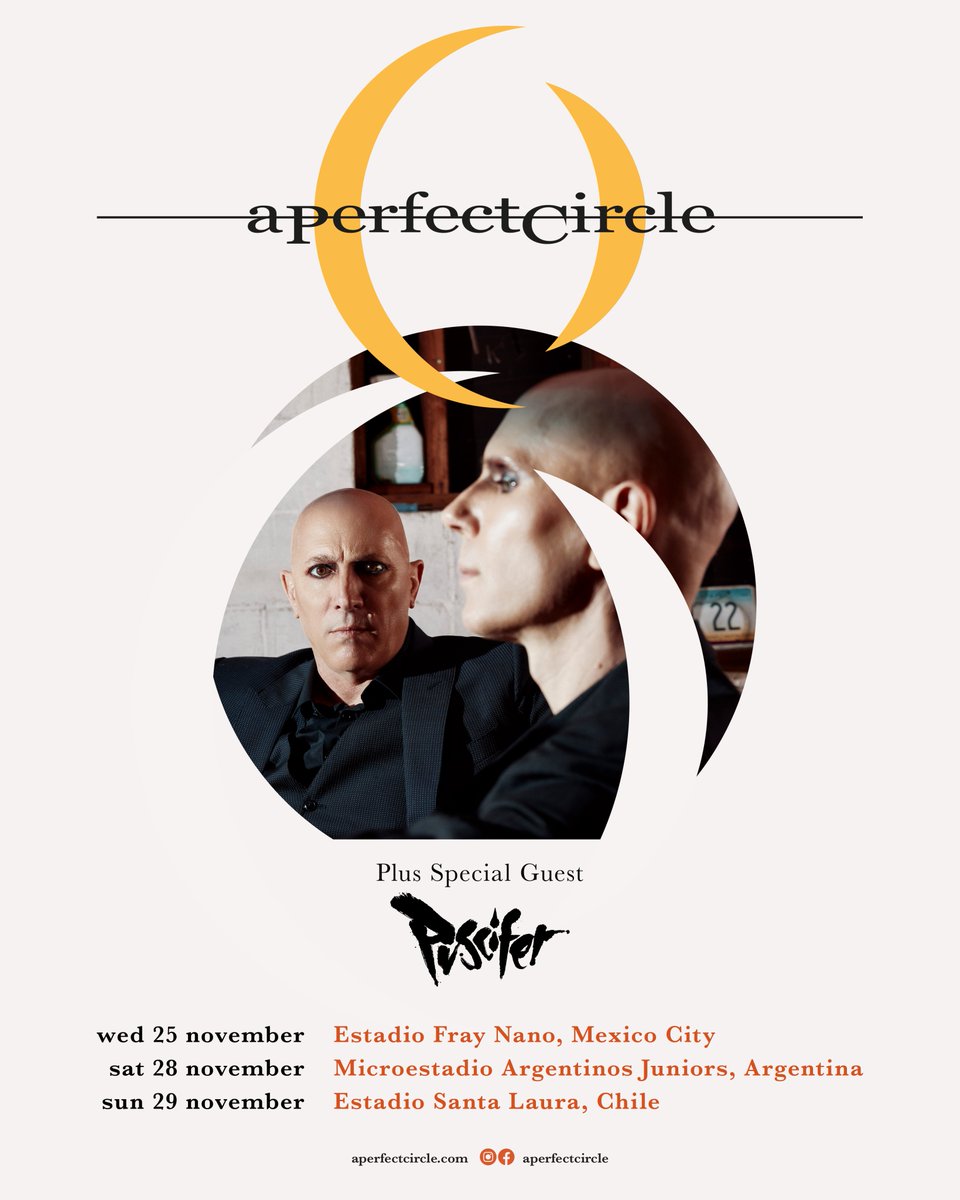 aperfectcircle's tweet image. Mexico City, Buenos Aires, and Santiago. After too many years away, we return this November:

Nov 25 Mexico City Estadio Fray Nano
Nov 28 Buenos Aires Microestadio Argentinos Juniors
Nov 29 Santiago Estadio Santa Laura

Tix: May 6 at 10am pacific time via APerfectCircle.com.