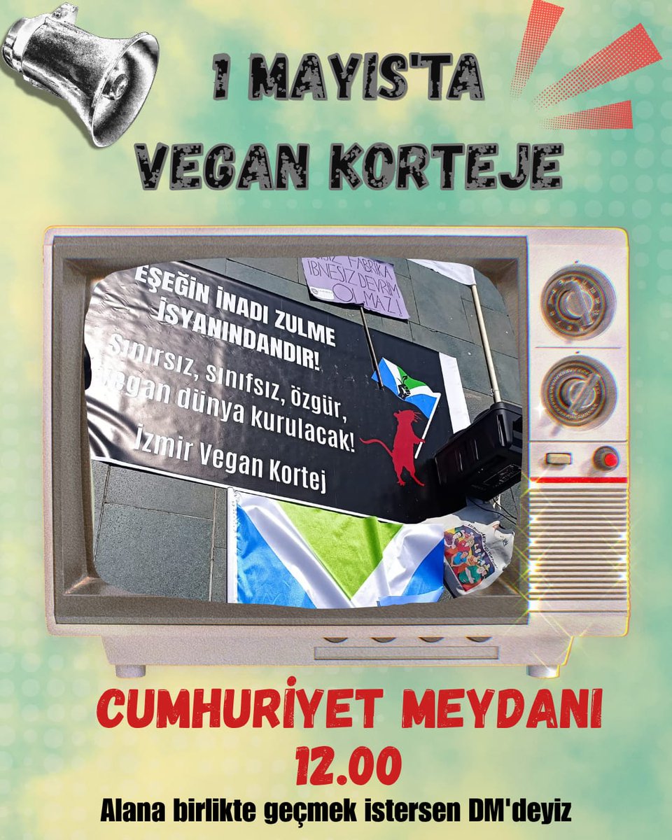 veganplatformu's tweet image. #1mayıs
#vegan 

1 MAYIS'TA VEGAN KORTEJE

EŞEĞİN İNADI ZULME İSYANINDANDIR!

Sınırsız, sınıfsız, özgür, 
vegan dünya kurulacak!
