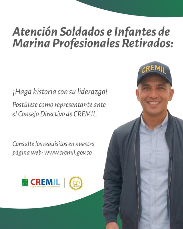 Cremil_Co's tweet photo. Atención Soldados Profesionales e Infantes de Marina Profesionales retirados:

CREMIL informa que se encuentra abierto el proceso de postulación al Consejo Directivo 2026–2028.

Consulte los requisitos y el proceso completo aquí:
https://t.co/XQOWFtjWyv https://t.co/vhv60ZaV8B