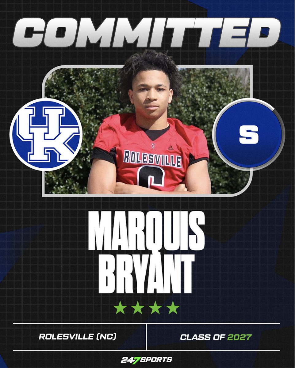 AnnaH247's tweet image. BREAKING: Top247 safety Marquis Bryant of Rolesville (N.C.) commits to #Kentucky. 

"I am choosing Kentucky because of the new staff. The pieces they are bringing in to build this program to a high-level contender in the SEC are unbelievable."

Story: 247sports.com/article/top247…