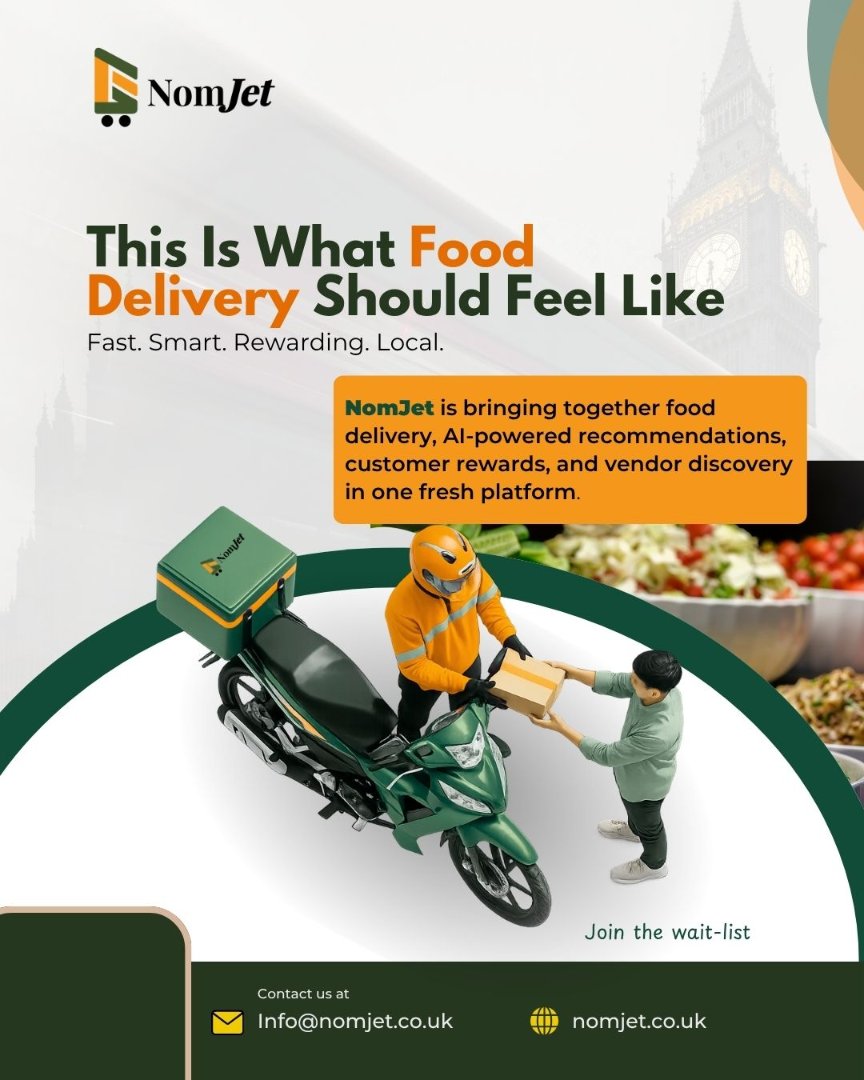 Nomjet_'s tweet image. Food delivery should be fast, smart, and actually rewarding.

That’s what NomJet is building — a platform that brings together food delivery, AI-powered recommendations, customer rewards, and vendor discovery in one place.

Join the waitlist.
#FoodDelivery #FoodTech #NomJet