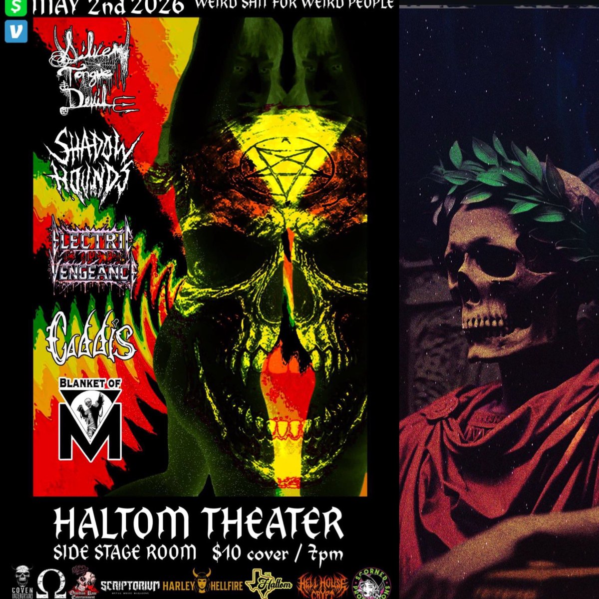TheOneTrueDevil's tweet photo. This Saturday night at the Haltom side stage. $10 door, all ages, free parking. 

12am Silvertonguedevil 
11pm Shadow Hounds
10pm Electric Vengeance 
  9pm Caddis 
  8pm Blanket of M
@TheOneTrueDevil https://t.co/F5DbKZiOAc