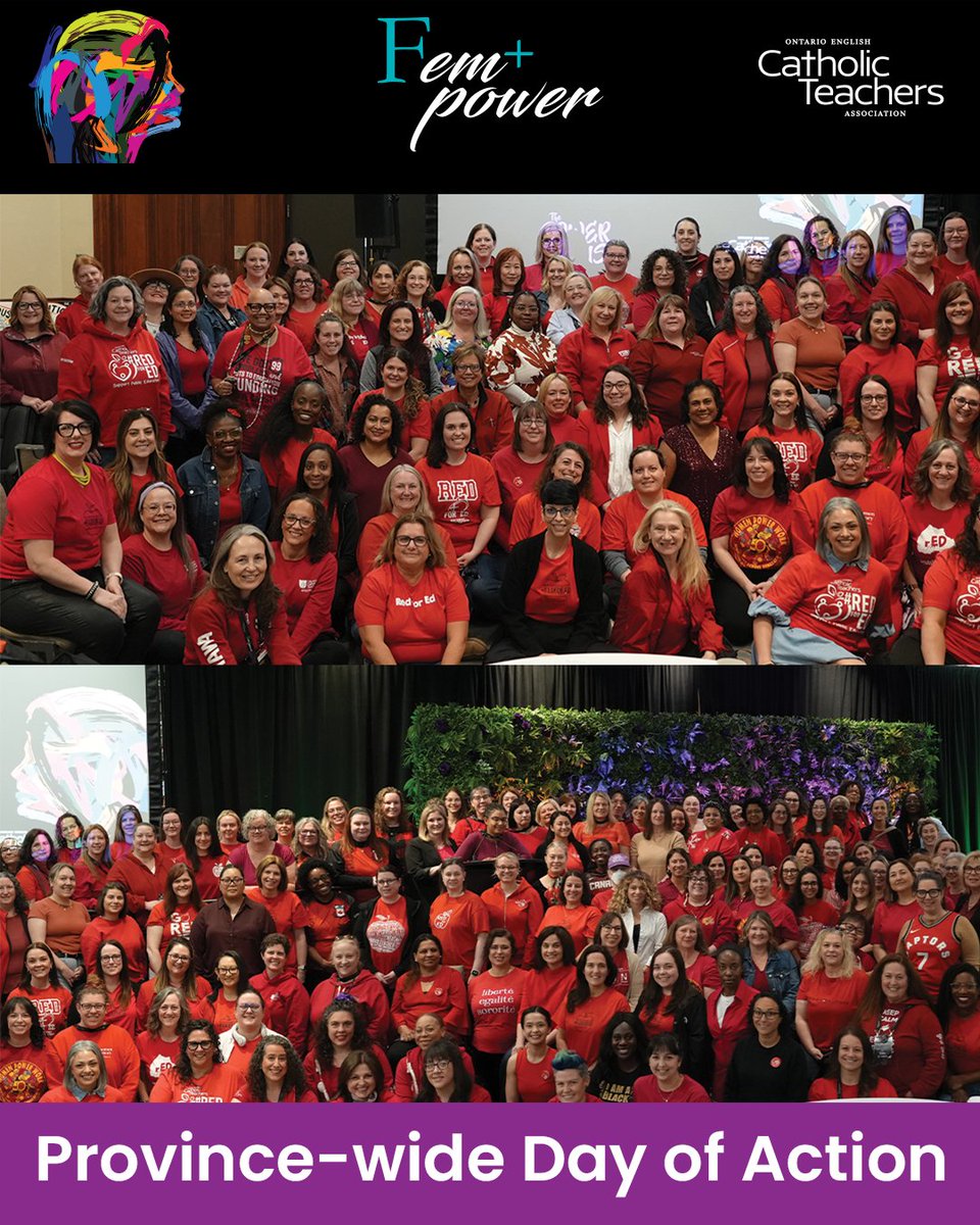 OECTAProv's tweet image. Fem+power goes #RedForEd and highlights the #PowerofPurple on the Province-wide Day of Action! #CatholicTeachers will always fight for the publicly funded education system #OntEd students deserve!