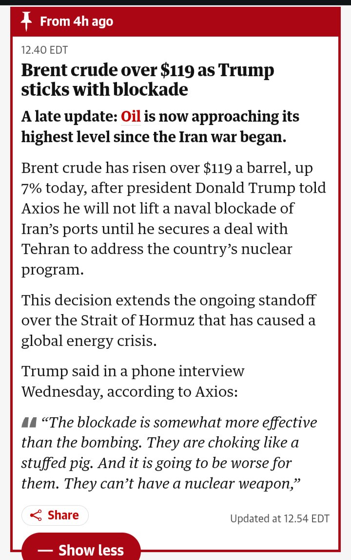 JustLookingMon's tweet image. Crude Oil hits $119 a Barrel:

🔸Prices jump 7% today, After Donald Trump said:
 "He will NOT lift a USA Naval Blockade of Iran's Strait of Hormuz ports" 📈🛢️

#Iran #Israel #War