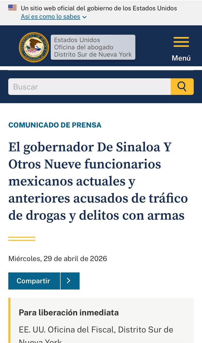 AlejandroFdelaP's tweet photo. 🚨 Señalamientos desde EE.UU. ⚖️🌎

El gobernador de Sinaloa, Rubén Rocha Moya, fue señalado en una acusación presentada en Estados Unidos por presuntos vínculos con el Cártel de Sinaloa.

📌 Según la Fiscalía del Distrito Sur de Nueva York
⚠️ Se le vincula —junto a otros funcionarios— con supuesta conspiración para tráfico de drogas
💰 A cambio de sobornos y apoyo político

El caso forma parte de un proceso por narcotráfico y armas, informado por el Departamento de Justicia.

Un señalamiento de alto calibre…
con implicaciones políticas que apenas comienzan. 🎯

#Sinaloa #Narcotráfico #Política #México