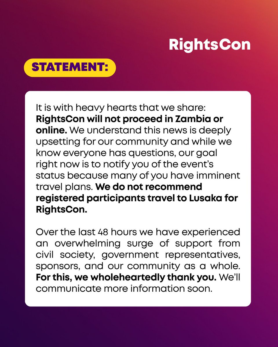 rightscon's tweet image. It is with heavy hearts that we share: RightsCon will not proceed in Zambia or online.