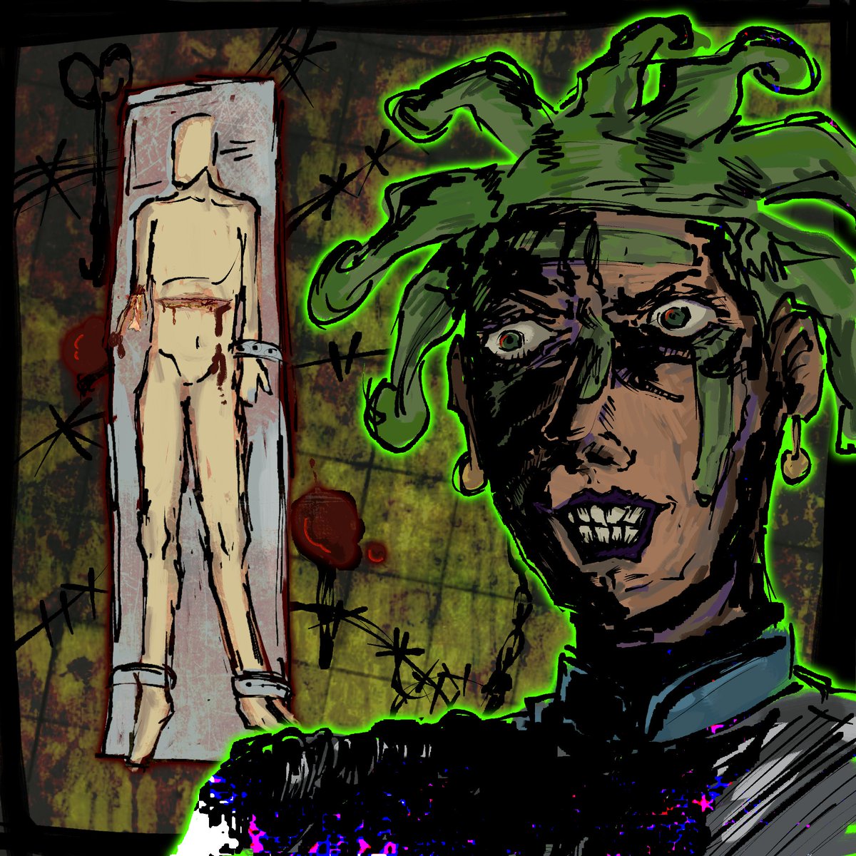 Tw!! A bit of blood

Cioccolata s face so expressionable i like it, but he is is scary like  very evil i feel complicated to like him... buuuut #jjba #goldenwind