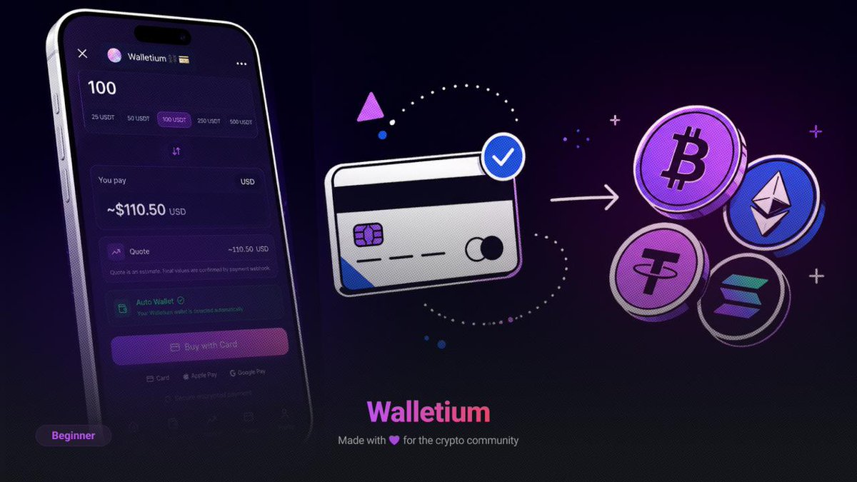 Walletium_Web3's tweet photo. 💳 Buy crypto inside Walletium — no exchange, no hassle

Getting crypto used to mean signing up for an exchange, passing KYC, transferring funds, and waiting. Not anymore.

Walletium now lets you buy cryptocurrency directly with a bank card, Apple Pay, or Google Pay. Pay — and your crypto arrives in 1–3 minutes, straight to your Walletium balance. No address copying, no third-party apps, no waiting.

✅ Visa / Mastercard, Apple Pay, Google Pay
✅ No KYC up to $5,000/month
✅ From $25 — quick-select amounts built into the app
✅ Auto Wallet — your address is detected automatically
✅ Delivery in 1–3 minutes
✅ Available worldwide

Once funded, swap your USDT to BTC, ETH, SOL, BNB, TRX, or TON instantly using the built-in Swap — takes under a minute.

Full step-by-step guide →
https://t.co/fpHusn05T8