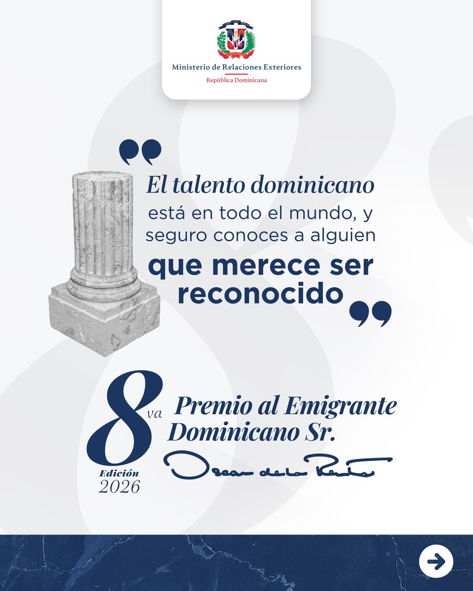 RDenSPS's tweet photo. 📣 Ya abrimos la convocatoria para la 8.ª edición del Premio al Emigrante Dominicano Sr. Oscar de la Renta. Conoce los requisitos y postula a tu candidato a través de la página oficial del premio: https://t.co/A428hZ427P 

Fecha límite de postulación: 11 de septiembre de 2026 https://t.co/pJEN6BnwKQ