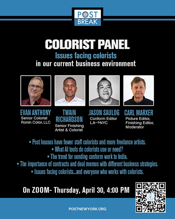 post_magazine's tweet image. Tomorrow's @PostNY 'Post Break' podcast will feature a colorist roundtable, with participants discussing new AI tools &amp;amp; foreign deliverables. Register for the 4pm event: shorturl.at/kta0u
#postproduction #color #studios #workflow